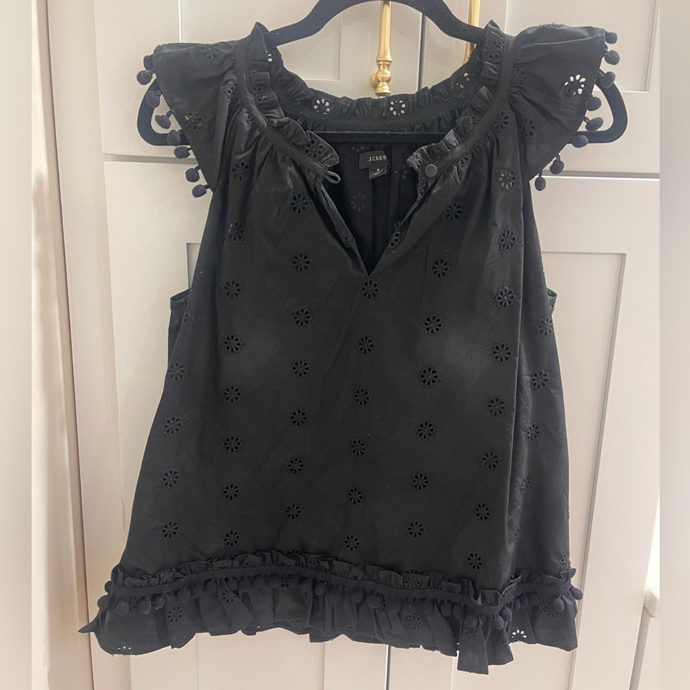 J. Crew Black Eyelet Top with Pom-Pom Detail